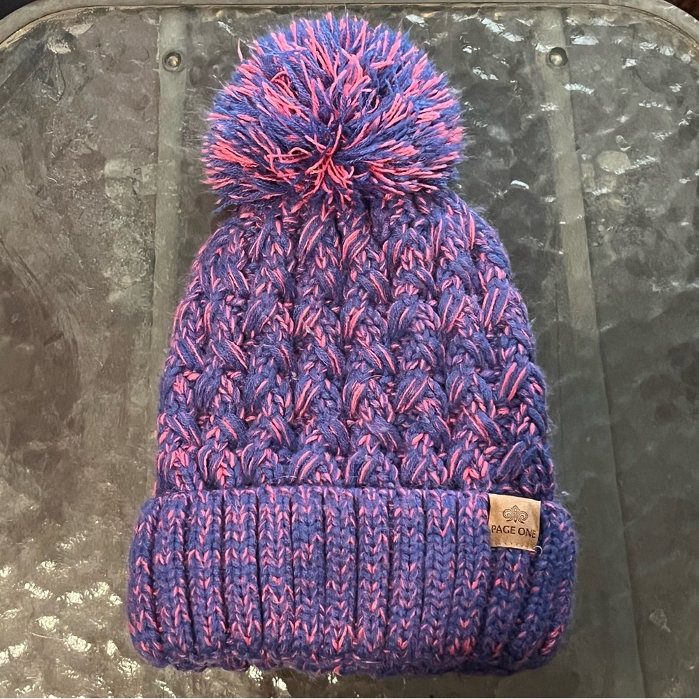 Page One Cable Knit Pom Beanie Purple Pink Chunky Winter Hat